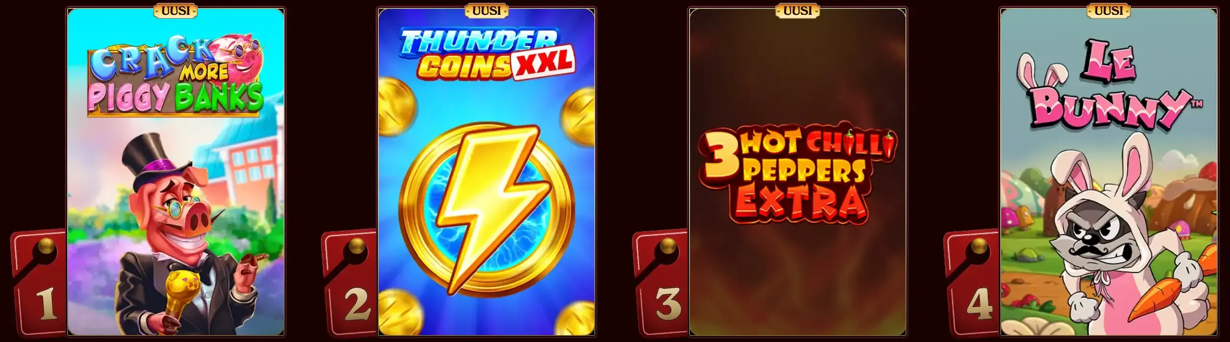 Utvalg av populære spilleautomater som Thunder Coins og Le Bunny hos Casoola.